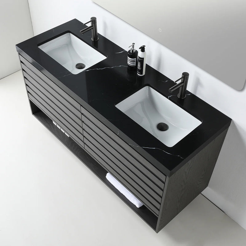 Matera 2 Drawers + 1 Open Shelf Bathroom Vanity with Black Quartz Sink - Wall Mount - 60" Wood/Charcoal