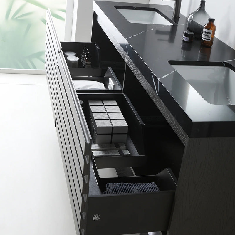 Matera 2 Drawers + 1 Open Shelf Bathroom Vanity with Black Quartz Sink - Wall Mount - 60" Wood/Charcoal