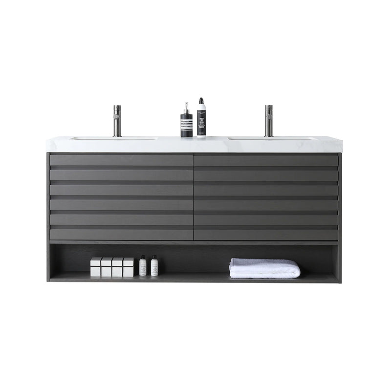 Matera 2 Drawers + 1 Open Shelf Bathroom Vanity with White Stone Sink - Wall Mount - 60" Wood/Charcoal
