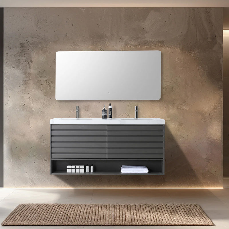 Matera 2 Drawers + 1 Open Shelf Bathroom Vanity with White Stone Sink - Wall Mount - 60" Wood/Charcoal