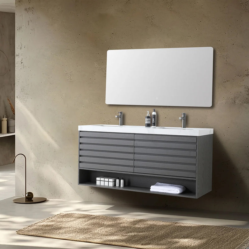 Matera 2 Drawers + 1 Open Shelf Bathroom Vanity with White Stone Sink - Wall Mount - 60" Wood/Charcoal