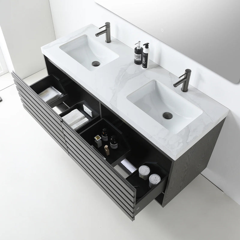 Matera 2 Drawers + 1 Open Shelf Bathroom Vanity with White Stone Sink - Wall Mount - 60" Wood/Charcoal