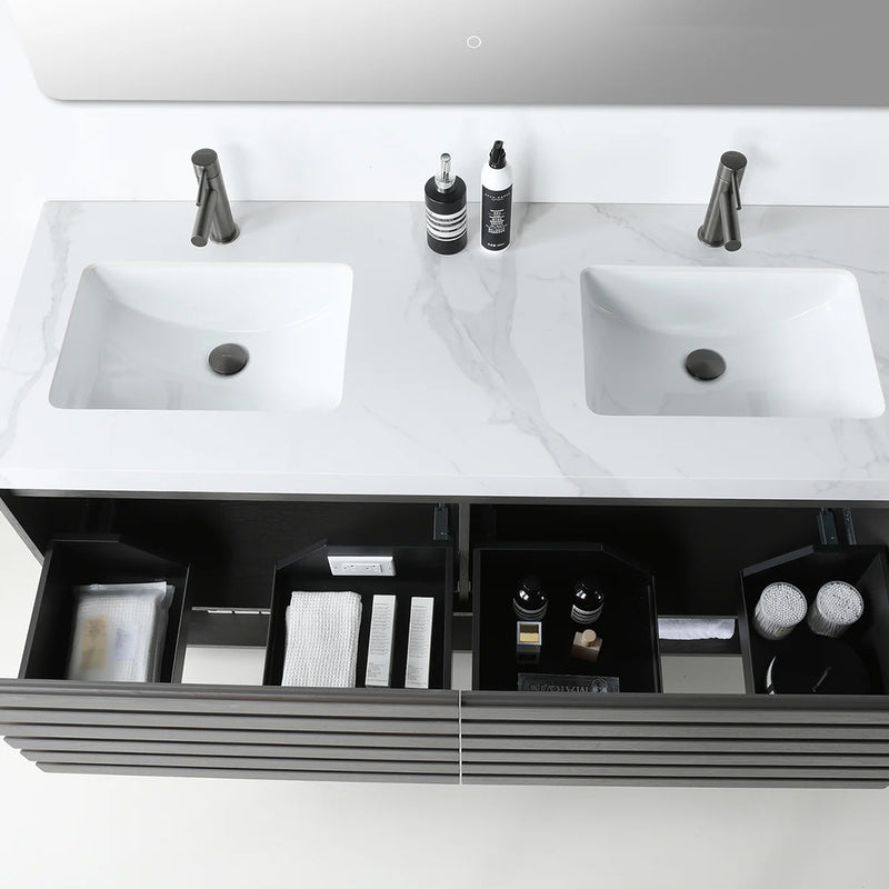 Matera 2 Drawers + 1 Open Shelf Bathroom Vanity with White Stone Sink - Wall Mount - 60" Wood/Charcoal