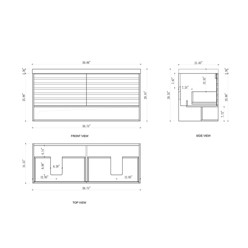 Matera 2 Drawers + 1 Open Shelf Bathroom Vanity with White Stone Sink - Wall Mount - 60" Wood/Charcoal
