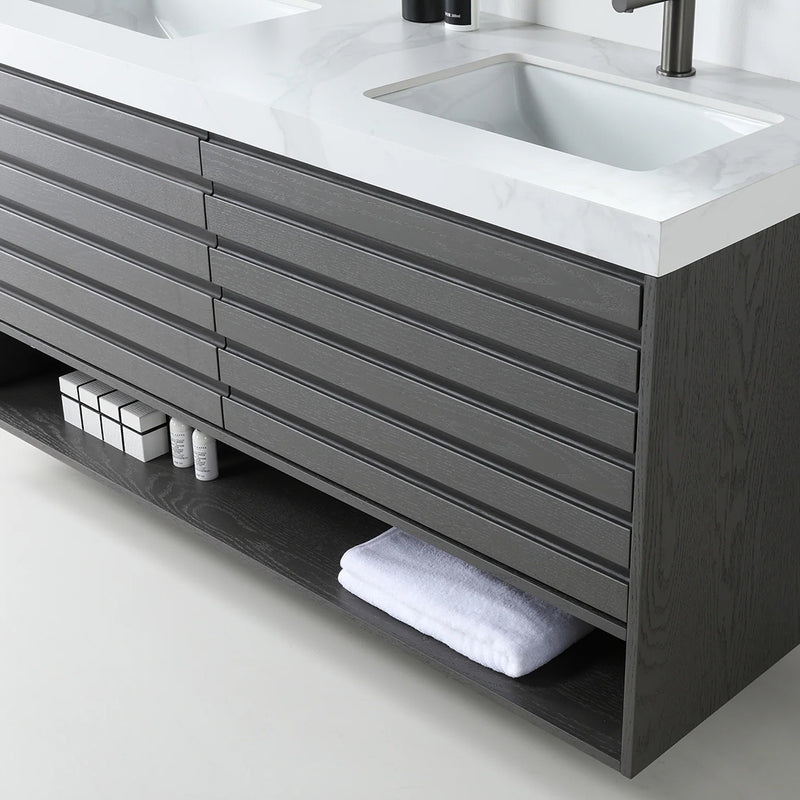 Matera 2 Drawers + 1 Open Shelf Bathroom Vanity with White Stone Sink - Wall Mount - 60" Wood/Charcoal