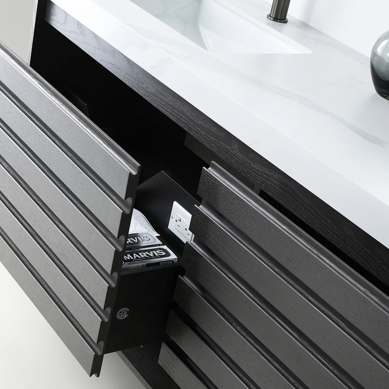 Matera 2 Drawers + 1 Open Shelf Bathroom Vanity with White Stone Sink - Wall Mount - 60" Wood/Charcoal