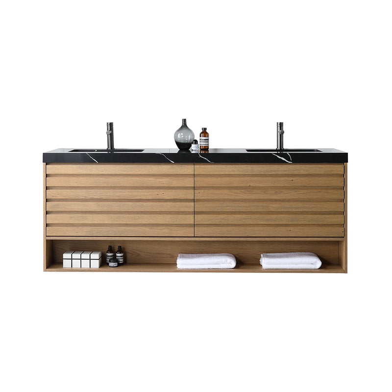 Matera 2 Drawers + 1 Open Shelf Bathroom Vanity with Black Quartz Sink - Wall Mount - 72" Wood/Pecan Oak