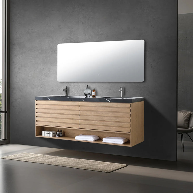 Matera 2 Drawers + 1 Open Shelf Bathroom Vanity with Black Quartz Sink - Wall Mount - 72" Wood/Pecan Oak