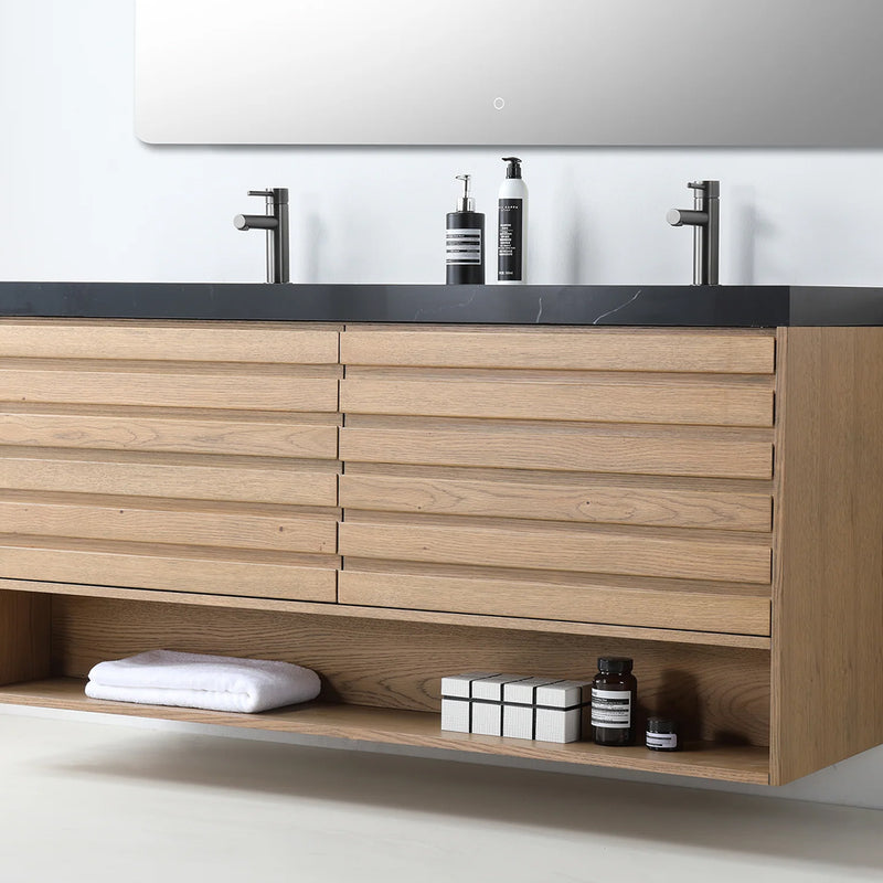Matera 2 Drawers + 1 Open Shelf Bathroom Vanity with Black Quartz Sink - Wall Mount - 72" Wood/Pecan Oak