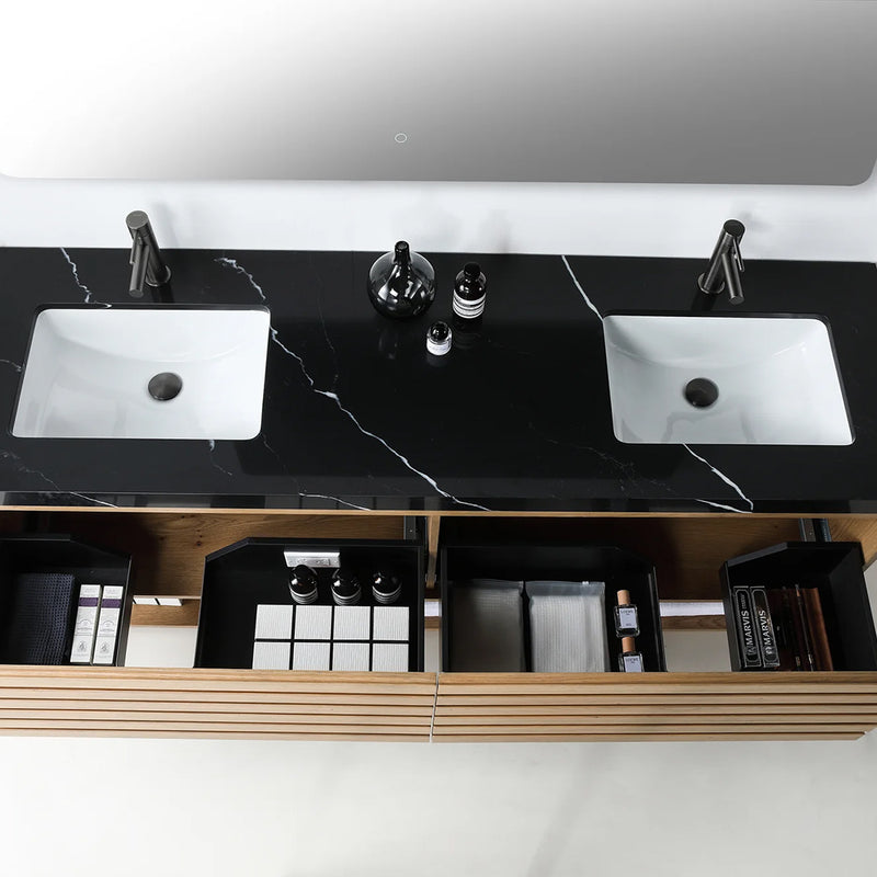 Matera 2 Drawers + 1 Open Shelf Bathroom Vanity with Black Quartz Sink - Wall Mount - 72" Wood/Pecan Oak