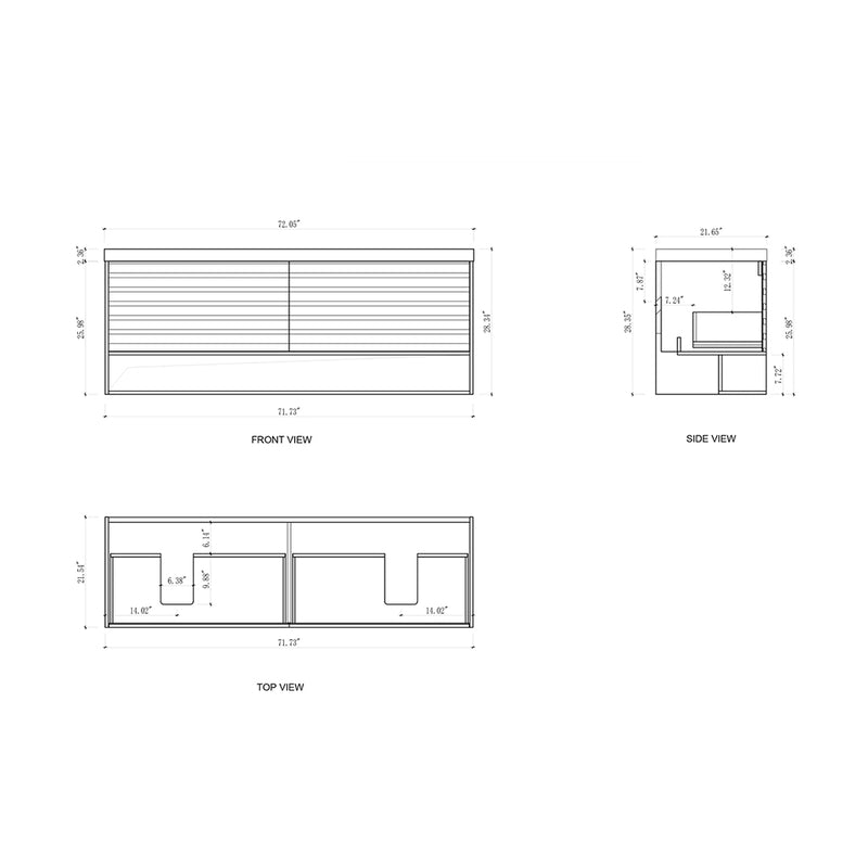 Matera 2 Drawers + 1 Open Shelf Bathroom Vanity with Black Quartz Sink - Wall Mount - 72" Wood/Pecan Oak