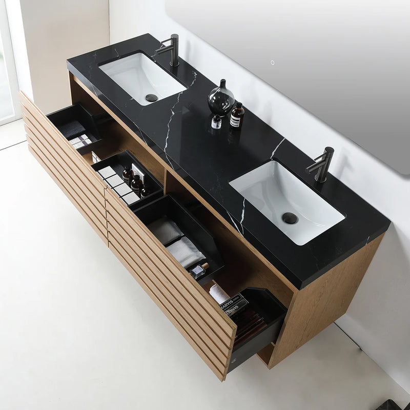 Matera 2 Drawers + 1 Open Shelf Bathroom Vanity with Black Quartz Sink - Wall Mount - 72" Wood/Pecan Oak