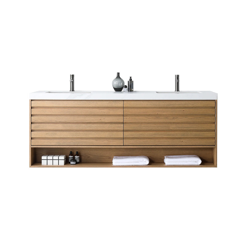 Matera 2 Drawers + 1 Open Shelf Bathroom Vanity with White Stone Sink - Wall Mount - 72" Wood/Pecan Oak