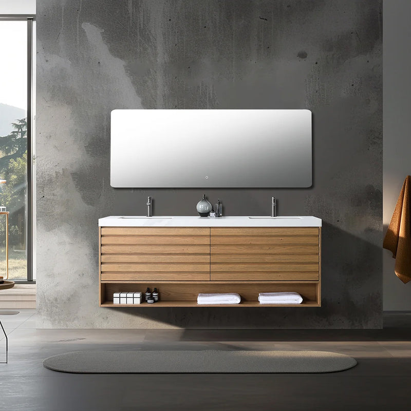 Matera 2 Drawers + 1 Open Shelf Bathroom Vanity with White Stone Sink - Wall Mount - 72" Wood/Pecan Oak