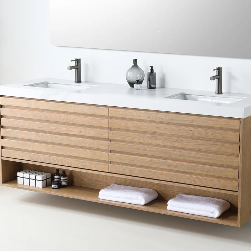 Matera 2 Drawers + 1 Open Shelf Bathroom Vanity with White Stone Sink - Wall Mount - 72" Wood/Pecan Oak
