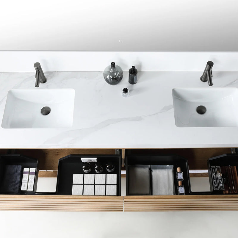 Matera 2 Drawers + 1 Open Shelf Bathroom Vanity with White Stone Sink - Wall Mount - 72" Wood/Pecan Oak