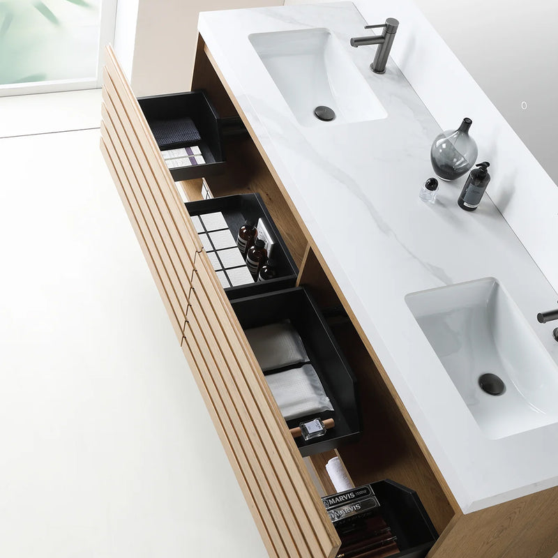 Matera 2 Drawers + 1 Open Shelf Bathroom Vanity with White Stone Sink - Wall Mount - 72" Wood/Pecan Oak