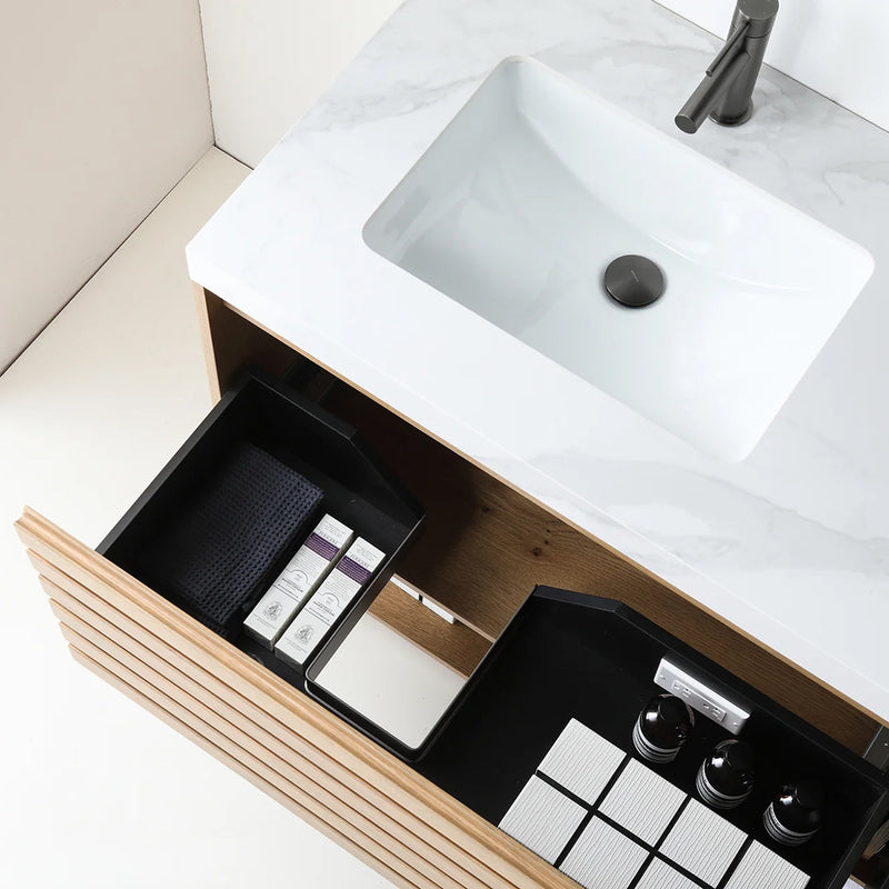 Matera 2 Drawers + 1 Open Shelf Bathroom Vanity with White Stone Sink - Wall Mount - 72" Wood/Pecan Oak