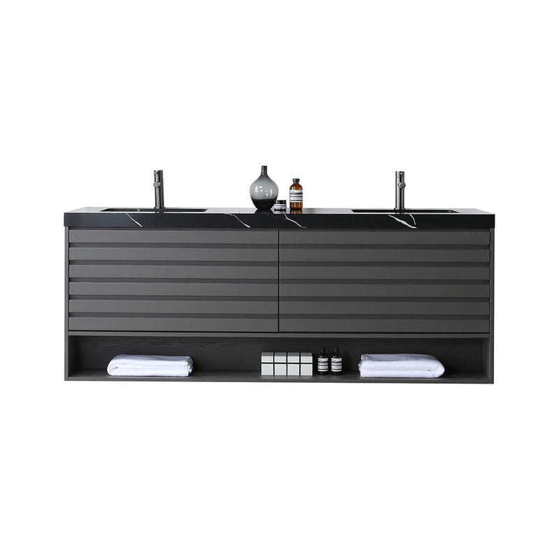 Matera 2 Drawers + 1 Open Shelf Bathroom Vanity with Black Quartz Sink - Wall Mount - 72" Wood/Charcoal