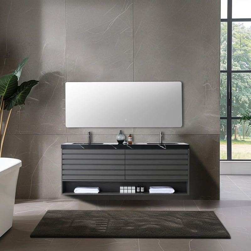Matera 2 Drawers + 1 Open Shelf Bathroom Vanity with Black Quartz Sink - Wall Mount - 72" Wood/Charcoal
