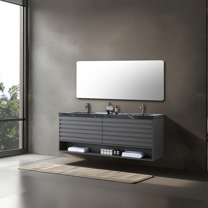 Matera 2 Drawers + 1 Open Shelf Bathroom Vanity with Black Quartz Sink - Wall Mount - 72" Wood/Charcoal