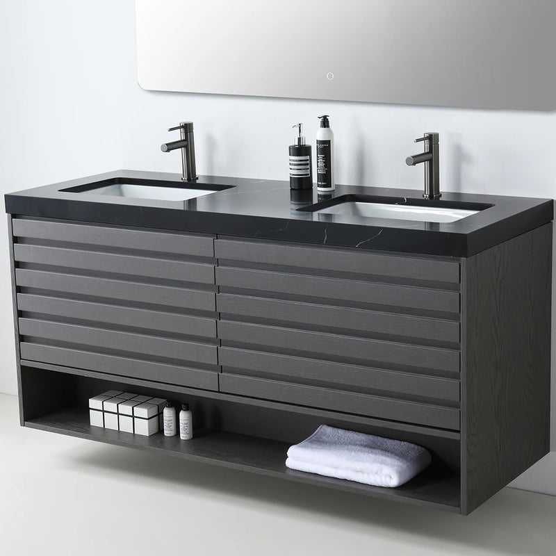 Matera 2 Drawers + 1 Open Shelf Bathroom Vanity with Black Quartz Sink - Wall Mount - 72" Wood/Charcoal