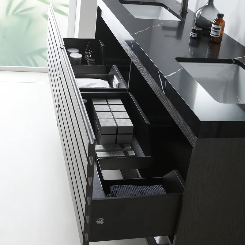 Matera 2 Drawers + 1 Open Shelf Bathroom Vanity with Black Quartz Sink - Wall Mount - 72" Wood/Charcoal