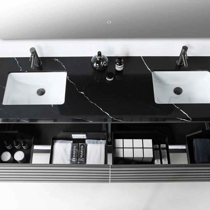 Matera 2 Drawers + 1 Open Shelf Bathroom Vanity with Black Quartz Sink - Wall Mount - 72" Wood/Charcoal