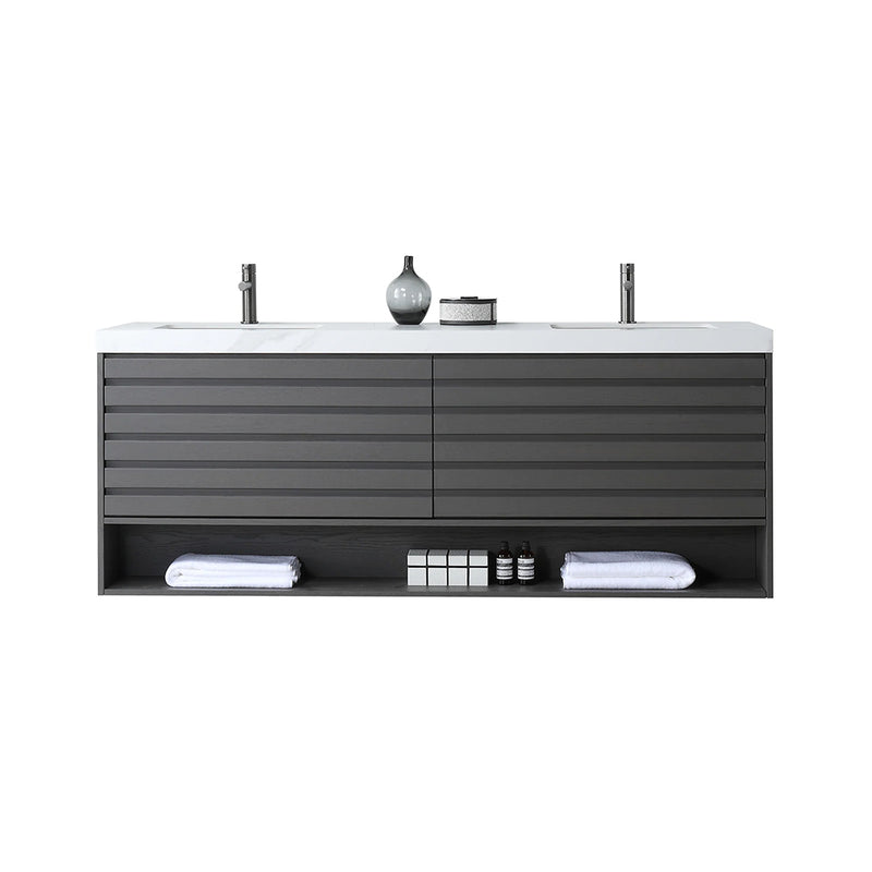 Matera 2 Drawers + 1 Open Shelf Bathroom Vanity with White Stone Sink - Wall Mount - 72" Wood/Charcoal