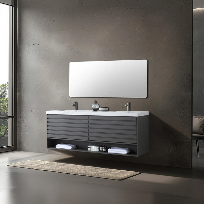 Matera 2 Drawers + 1 Open Shelf Bathroom Vanity with White Stone Sink - Wall Mount - 72" Wood/Charcoal