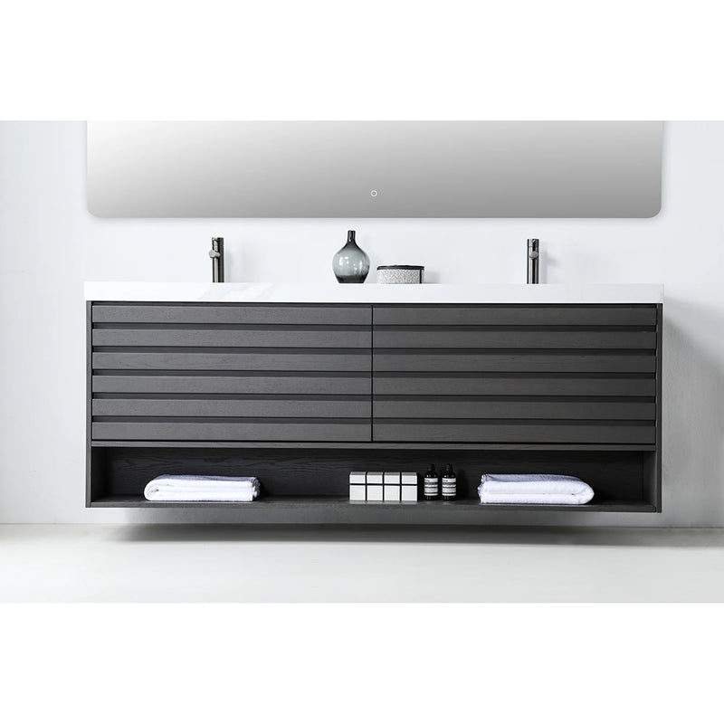Matera 2 Drawers + 1 Open Shelf Bathroom Vanity with White Stone Sink - Wall Mount - 72" Wood/Charcoal
