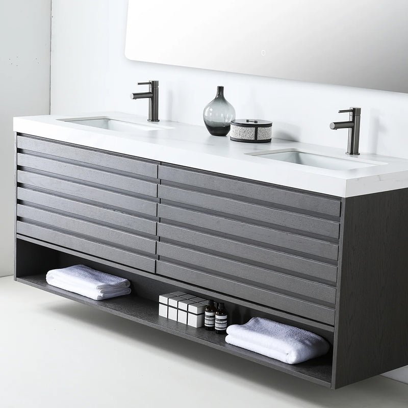 Matera 2 Drawers + 1 Open Shelf Bathroom Vanity with White Stone Sink - Wall Mount - 72" Wood/Charcoal
