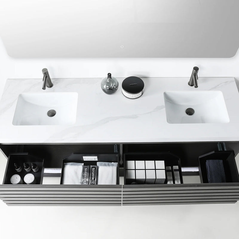 Matera 2 Drawers + 1 Open Shelf Bathroom Vanity with White Stone Sink - Wall Mount - 72" Wood/Charcoal