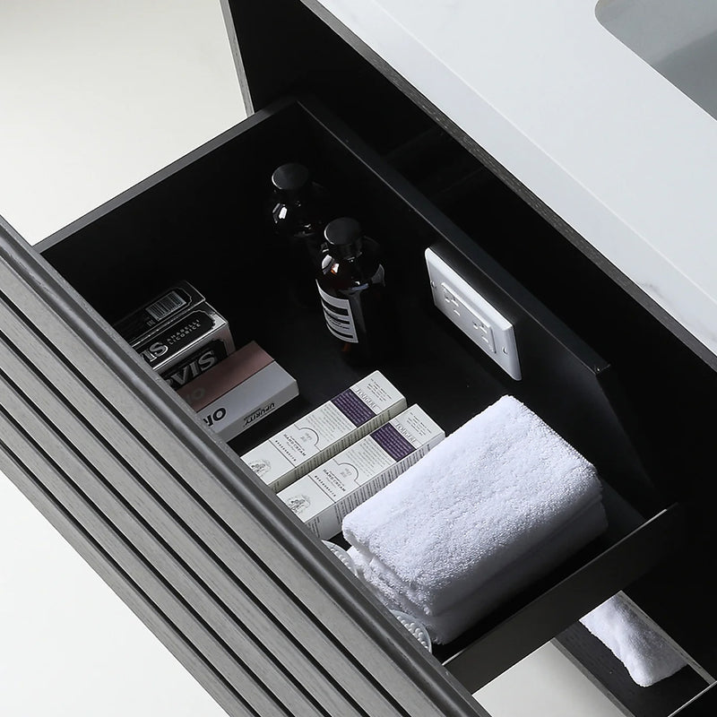 Matera 2 Drawers + 1 Open Shelf Bathroom Vanity with White Stone Sink - Wall Mount - 72" Wood/Charcoal