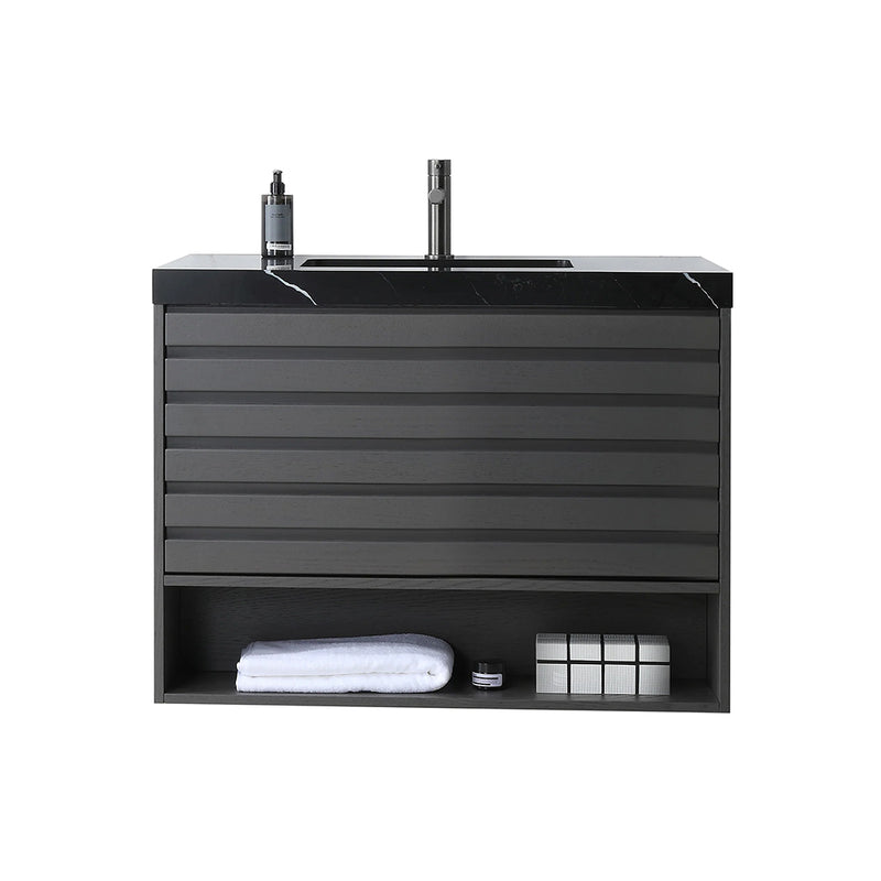 Matera 1 Drawer + 1 Open Shelf Bathroom Vanity with Black Quartz Sink - Wall Mount - 36" Wood/Charcoal
