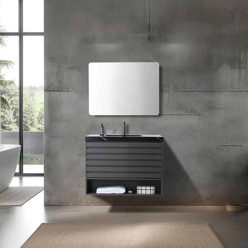 Matera 1 Drawer + 1 Open Shelf Bathroom Vanity with Black Quartz Sink - Wall Mount - 36" Wood/Charcoal