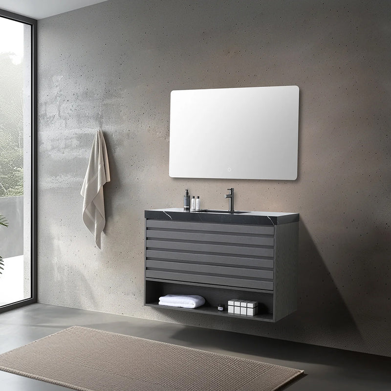 Matera 1 Drawer + 1 Open Shelf Bathroom Vanity with Black Quartz Sink - Wall Mount - 36" Wood/Charcoal