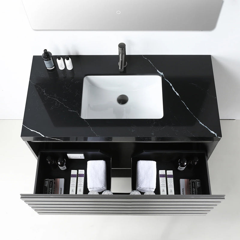 Matera 1 Drawer + 1 Open Shelf Bathroom Vanity with Black Quartz Sink - Wall Mount - 36" Wood/Charcoal