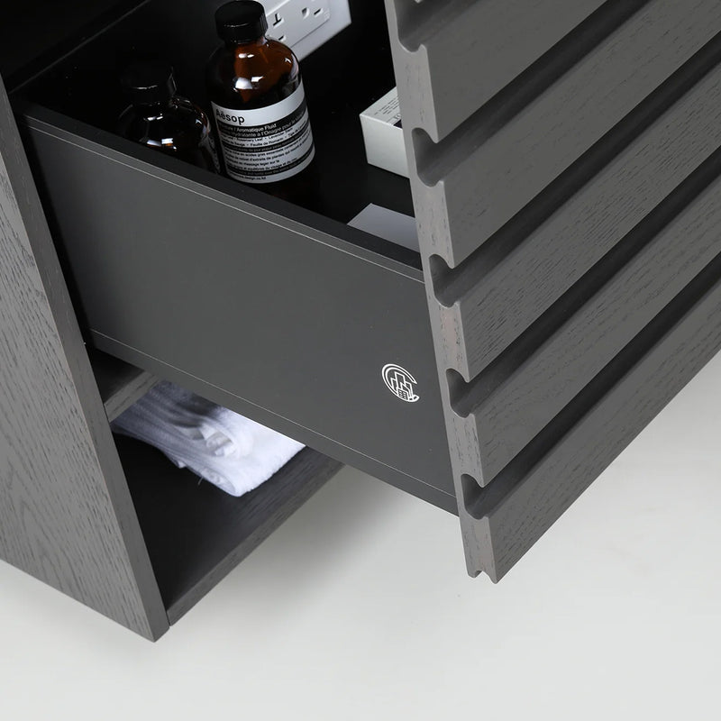 Matera 1 Drawer + 1 Open Shelf Bathroom Vanity with Black Quartz Sink - Wall Mount - 36" Wood/Charcoal