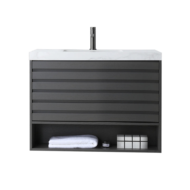 Matera 1 Drawer + 1 Open Shelf Bathroom Vanity With White Stone Sink - Wall Mount - 36" Wood/Charcoal