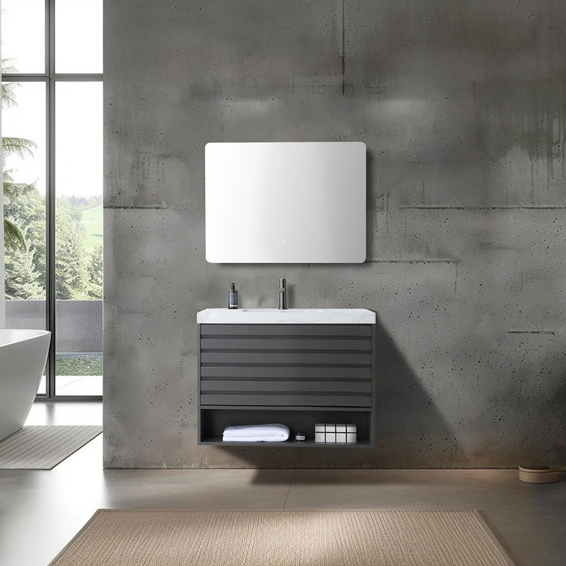 Matera 1 Drawer + 1 Open Shelf Bathroom Vanity With White Stone Sink - Wall Mount - 36" Wood/Charcoal