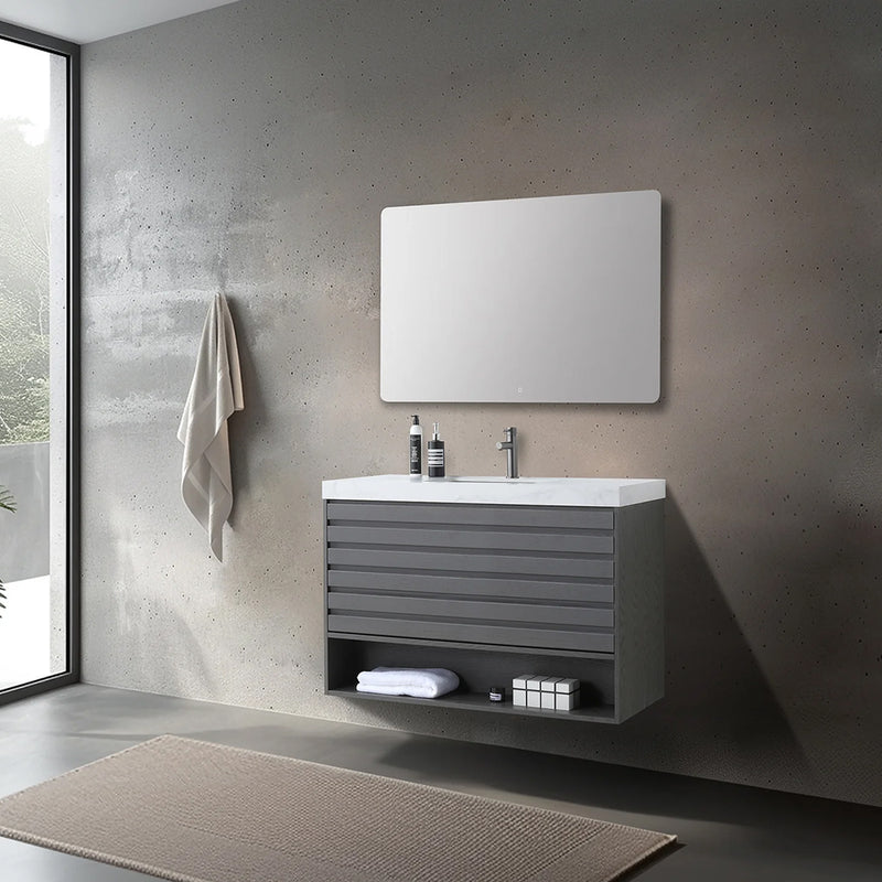 Matera 1 Drawer + 1 Open Shelf Bathroom Vanity With White Stone Sink - Wall Mount - 36" Wood/Charcoal