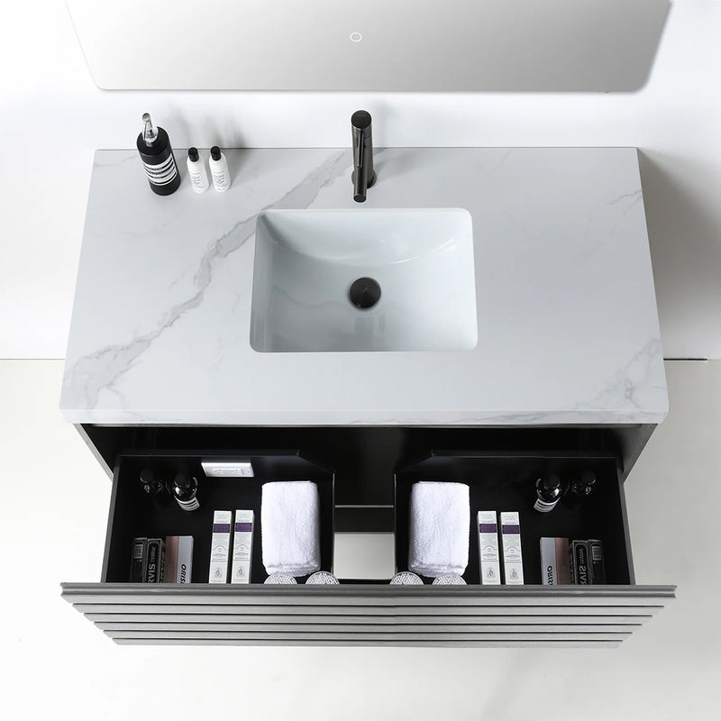 Matera 1 Drawer + 1 Open Shelf Bathroom Vanity With White Stone Sink - Wall Mount - 36" Wood/Charcoal