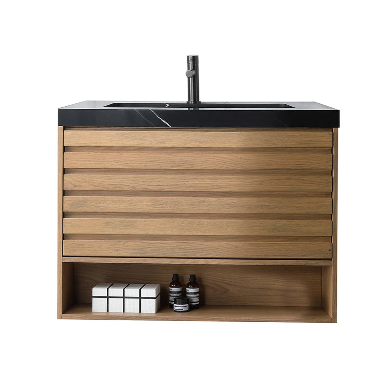 Matera 1 Drawer + 1 Open Shelf Bathroom Vanity with Black Quartz Sink - Wall Mount - 36" Wood/Pecan Oak