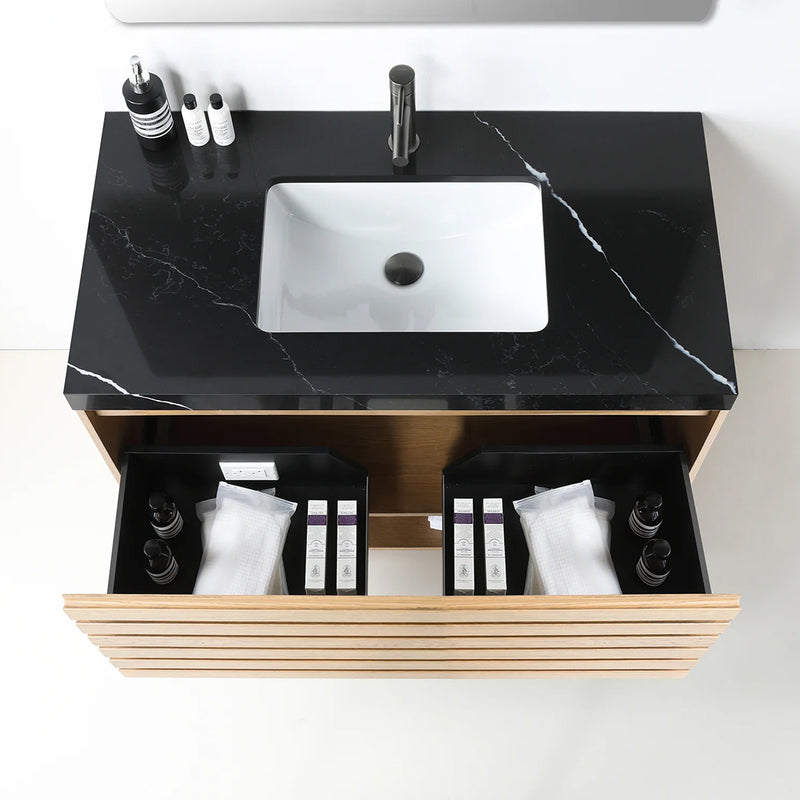 Matera 1 Drawer + 1 Open Shelf Bathroom Vanity with Black Quartz Sink - Wall Mount - 36" Wood/Pecan Oak
