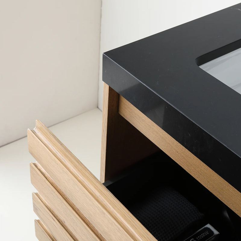 Matera 1 Drawer + 1 Open Shelf Bathroom Vanity with Black Quartz Sink - Wall Mount - 36" Wood/Pecan Oak