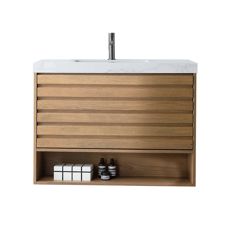 Matera 1 Drawer + 1 Open Shelf Bathroom Vanity With White Stone Sink - Wall Mount - 36" Wood/Pecan Oak