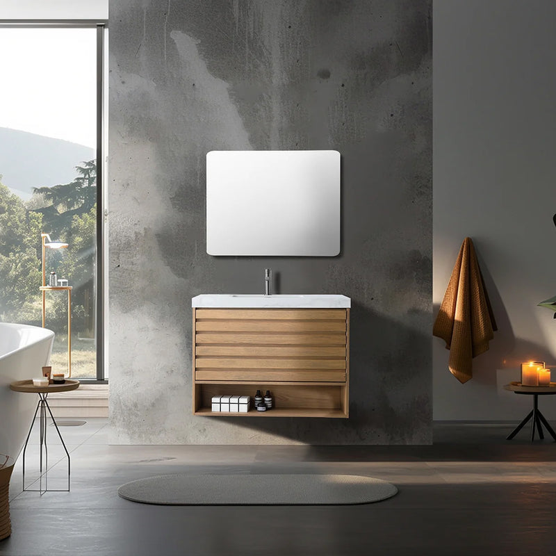 Matera 1 Drawer + 1 Open Shelf Bathroom Vanity With White Stone Sink - Wall Mount - 36" Wood/Pecan Oak