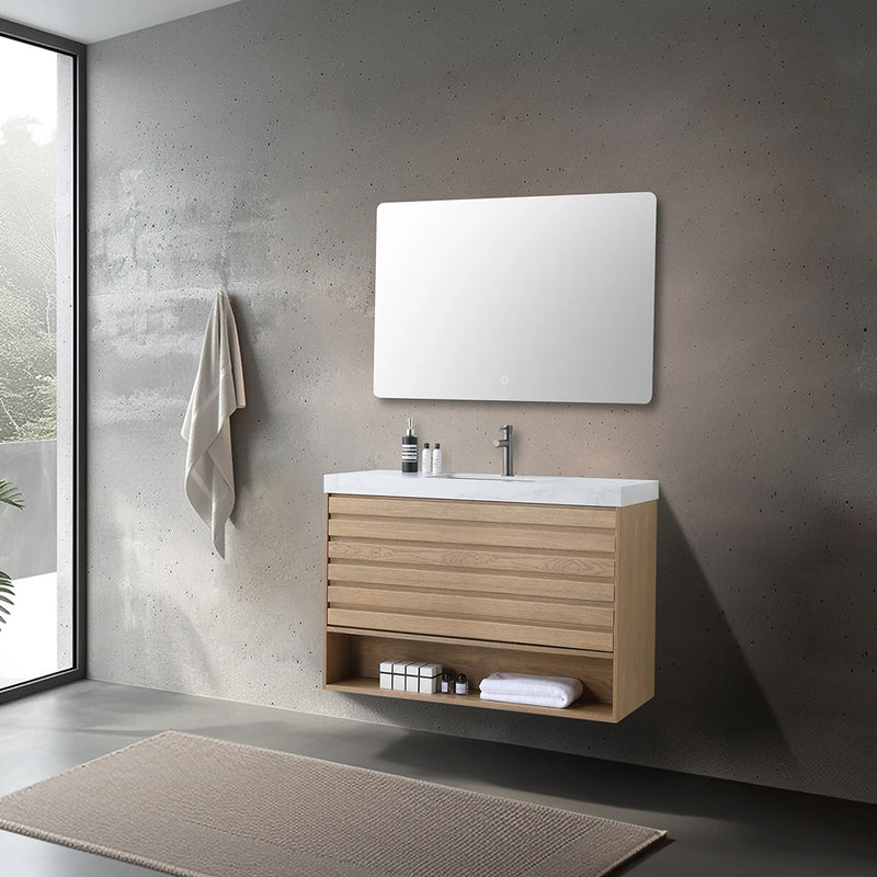 Matera 1 Drawer + 1 Open Shelf Bathroom Vanity With White Stone Sink - Wall Mount - 36" Wood/Pecan Oak