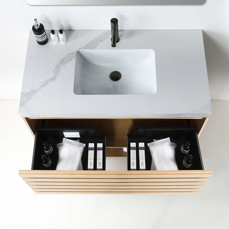 Matera 1 Drawer + 1 Open Shelf Bathroom Vanity With White Stone Sink - Wall Mount - 36" Wood/Pecan Oak